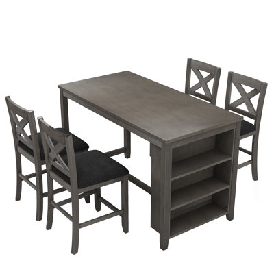 5 Pieces Counter Height Rustic Farmhouse Dining Room Wooden Bar Table Set with 4 Chairs, Grey