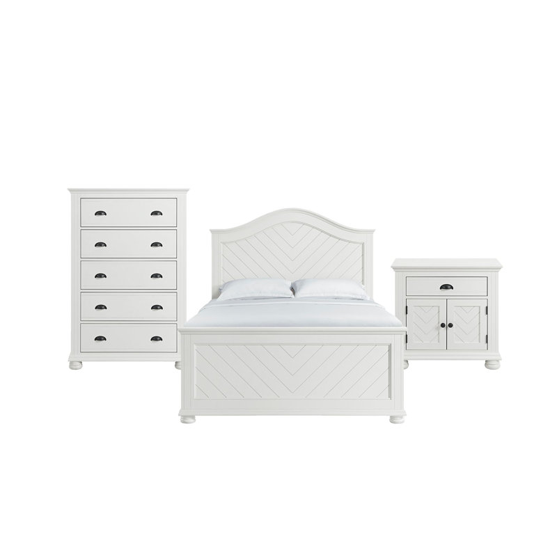 Govia Panel Bedroom Set In White, Queen, 3 Pcs: Bed, Chest, Nightstand