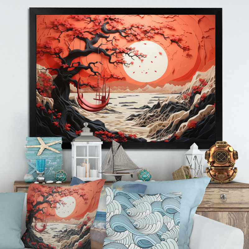 Japon Seaside Swing Papercut II - Coastal Ocean Canvas Wall Art, H 24 po x l 32 po x P 1 po, Cadre photo noir