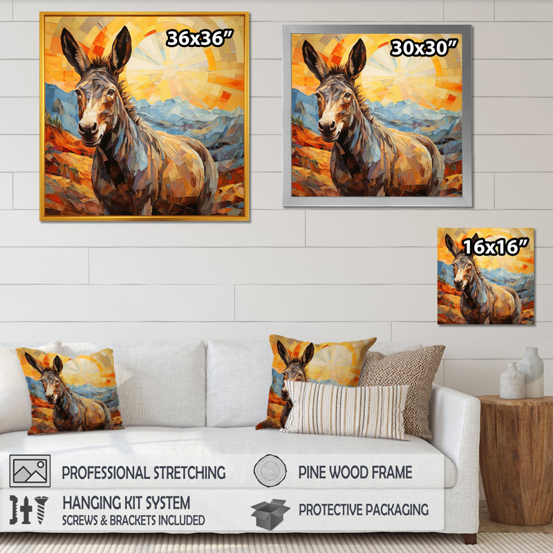 Patchwork Donkey Pastures III - âne, art mural, Cadre flottant blanc, H 16 po x l 16 po x P 1 po
