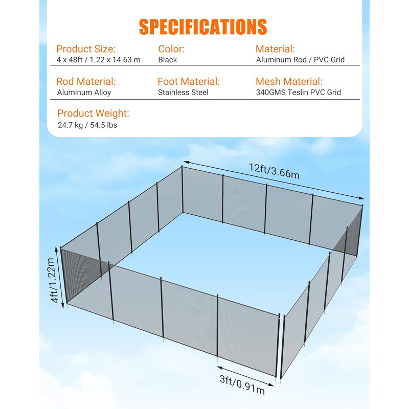 Clôtures de piscine, filet en PVC Teslin 340 GMS, H 4 pi x l 48 pi