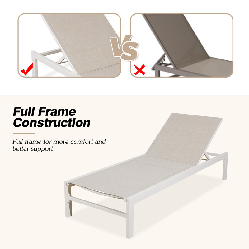 Gerber 77.5" Long Reclining Chaise Lounge Set, White/Beige