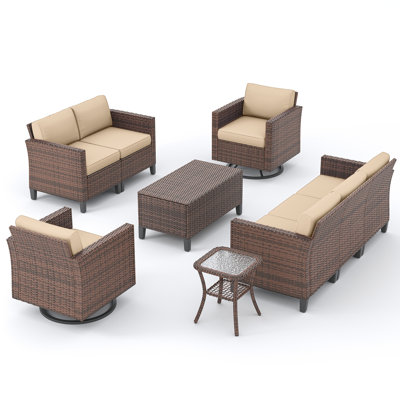 6-Piece Outdoor Patio Set With 360° Swivel Rockers - All-Weather Wicker Conversation 7 Seating