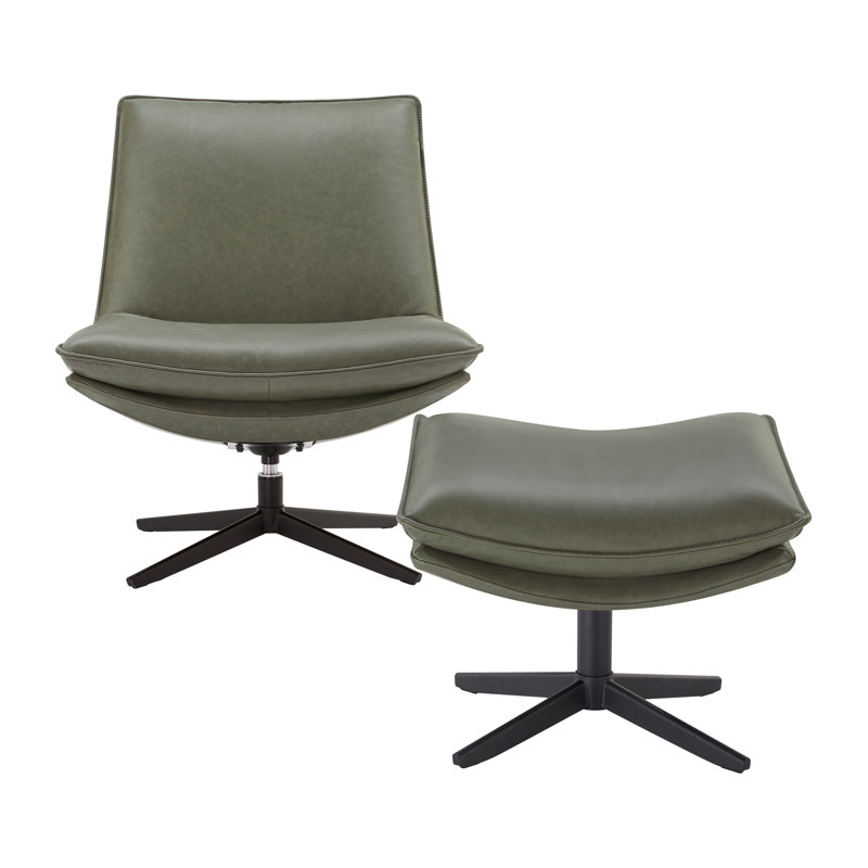 Genuine Leather Swivel Lounge Chair With Ottoman, Zurich Olive Gray