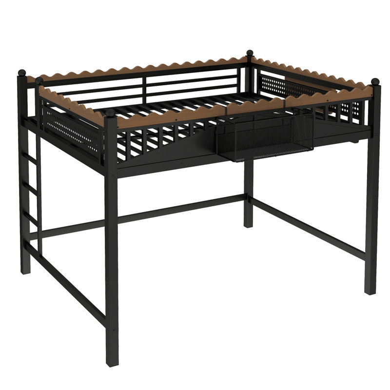 Queen Size Metal Loft Bed with Ladder, Storage Shelves & Bookshelf, No Box Spring, Chic Black Finish, Queen