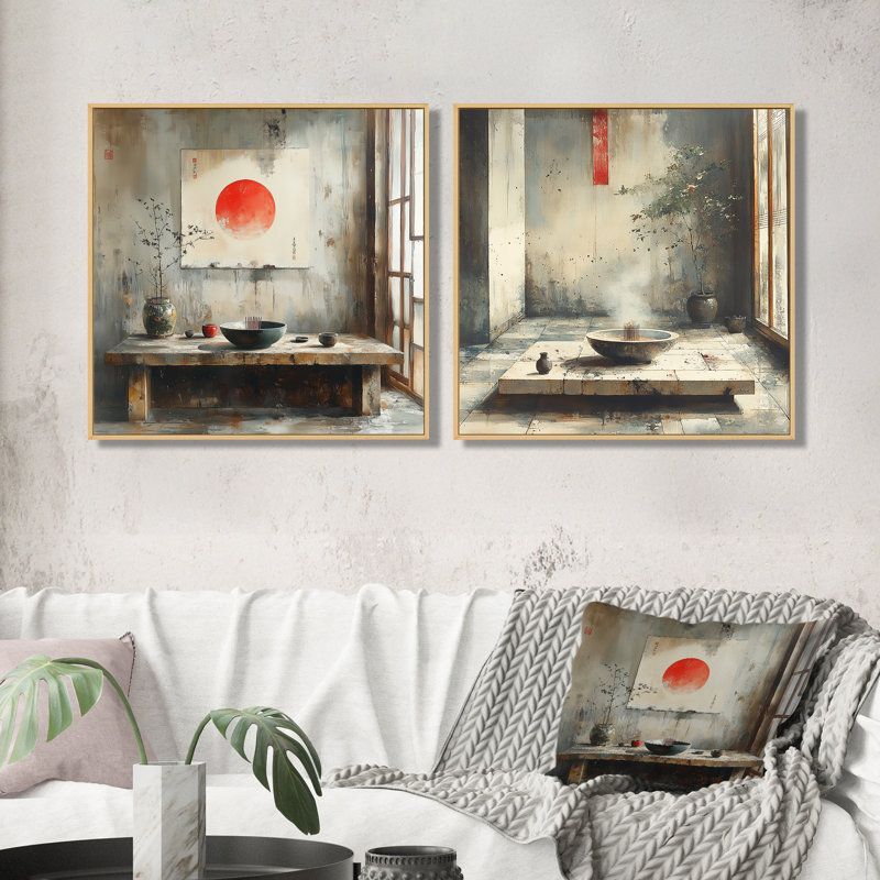 Encens de salle de bain chinois Rey I - décoration murale - art mural traditionnel 2 pièces, H 16 po x l 33 po, Crème, crème