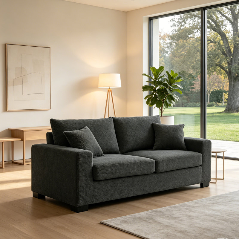 Canapé 2 places de style moderne du milieu du siècle, 175 cm (69 pouces), revêtement en tissu texturé, 2 coussins décoratifs inclus, structure en bois et pieds robustes, idéal pour appartement et bureau, gris foncé.