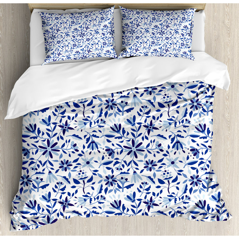 Ensemble de housse de couette de fleurs minimaliste à ressorts Indigo, Très grand