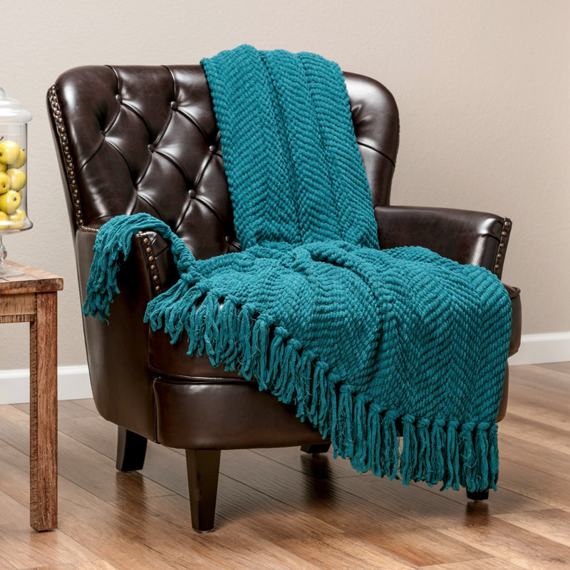  Textured Knitted Throw, Teal, 65" W x 50 L