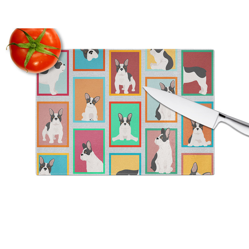 Lots of Black French Bulldog Glass Cutting Board Large, Noir / blanc