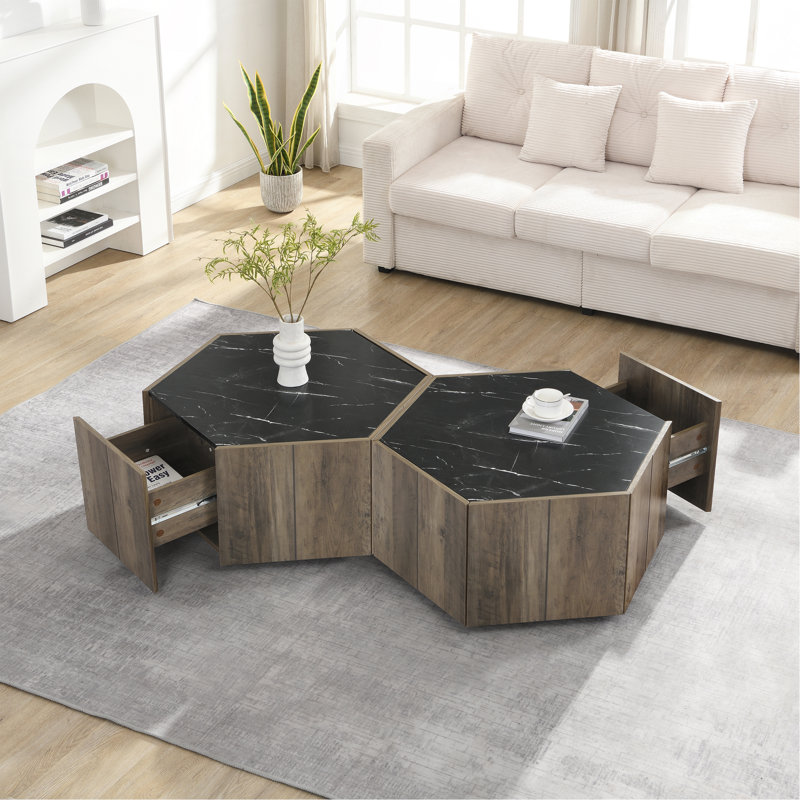 Table basse hexagonale rustique rétro en bois, avec 2 tiroirs cachés, dessus en marbre, finition brun clair - pour le salon et la réception