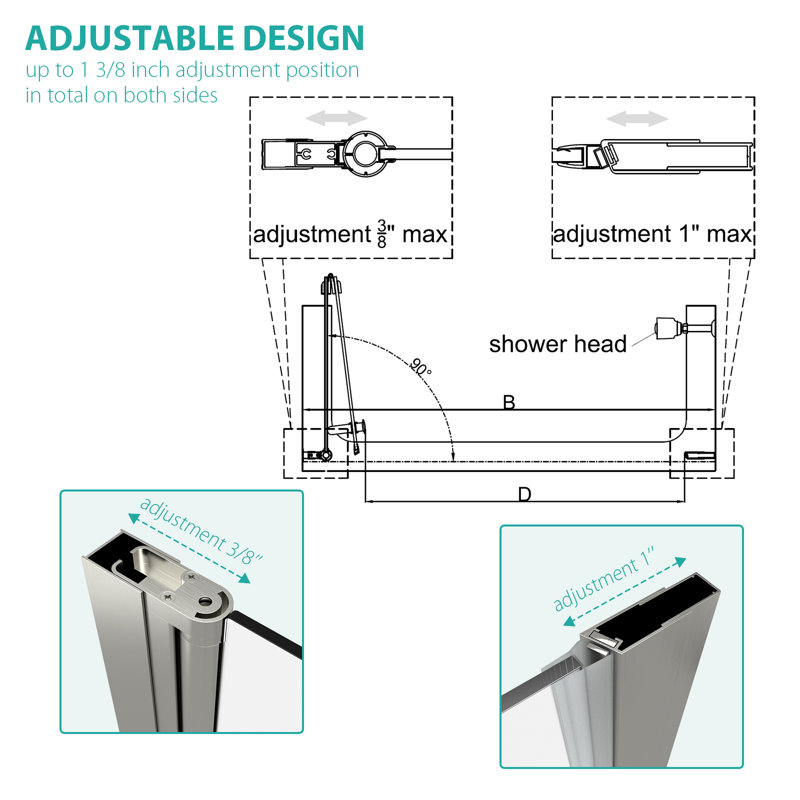 Porte de douche pliante en verre 36 po - 37,35 po x H 72 po avec verre trempé transparent, Nickel brossé