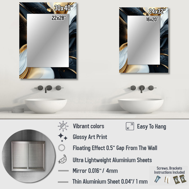 Or et noir captivant marbre III - miroir de vagues, miroir mural décoratif moderne, impression d'art en métal, 32 po x 24 po