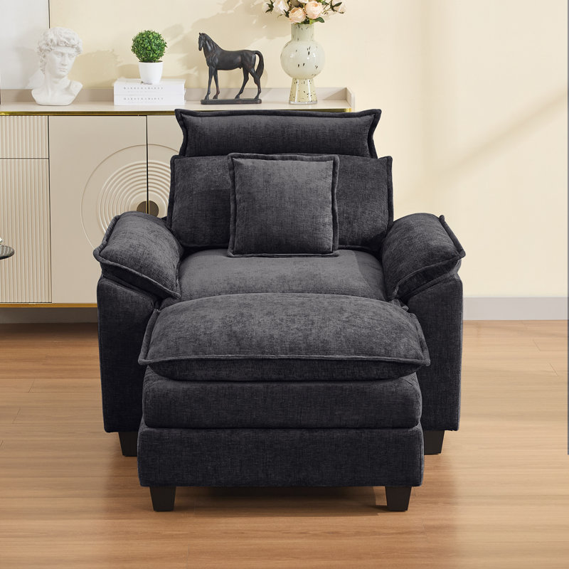 46" W Cloud Oversized Chenille Armchair with Ottoman, Black