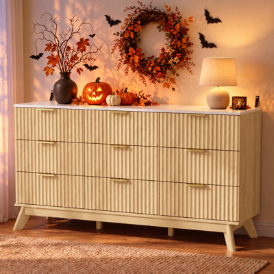 Fluted 9-Drawer Dresser with Faux Marble Top, Mid-Century Modern Chest of Drawers with Metal Handles, Wood Storage Cabinet & TV Stand for Bedroom, Living Room
