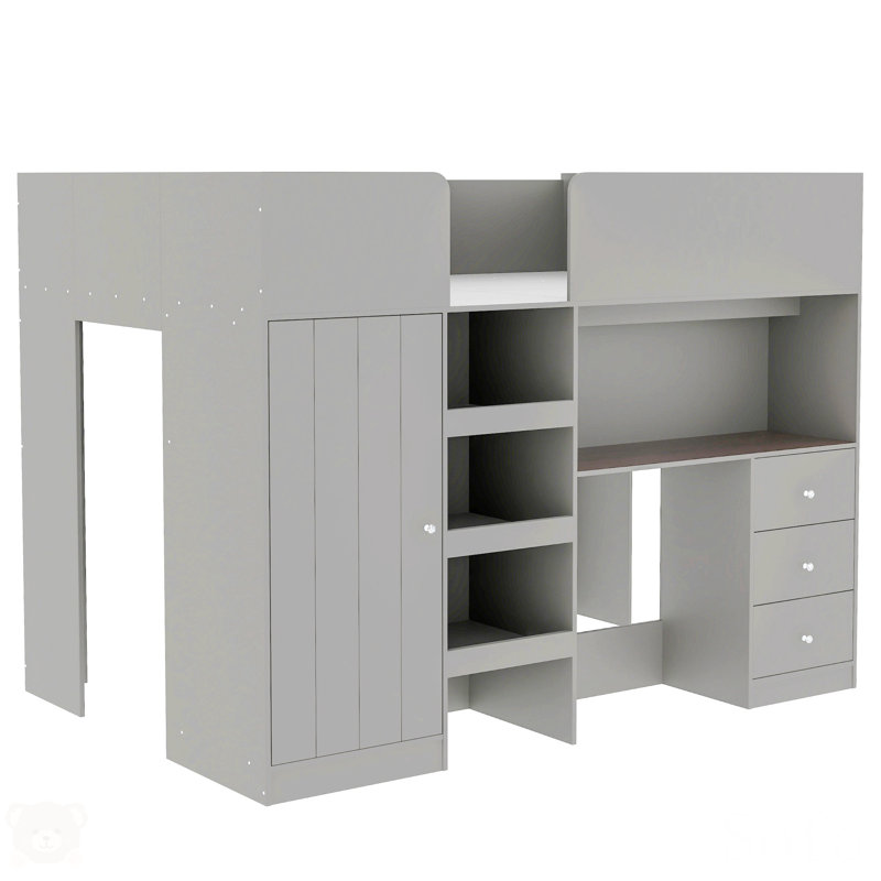 Gray Pine Wood Full Loft Bed with Wardrobe and Desk