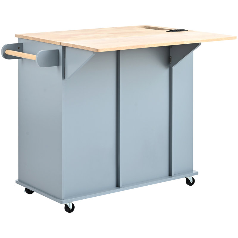 Îlot de cuisine avec prise de courant et structure à rallonge pliante, bleu gris, 5 roues, rangement ouvert, porte-gobelet à vin pour la maison