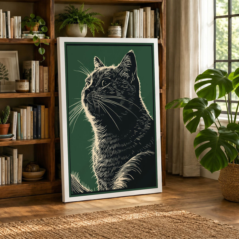 Tabby in Contemplation Minimalist - Wrapped Canvas, 18x12 - 45.7 x 30.5 cm, Teal Border