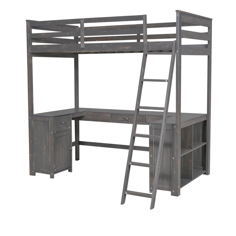 Lit mezzanine avec bureau en U, Lit simple, Brun antique