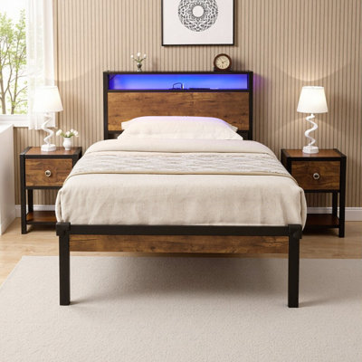 Stylish Modern Twin Bed Frame with LED Lights, USB Ports & Storage - Wood Headboard, No Box Spring Needed
