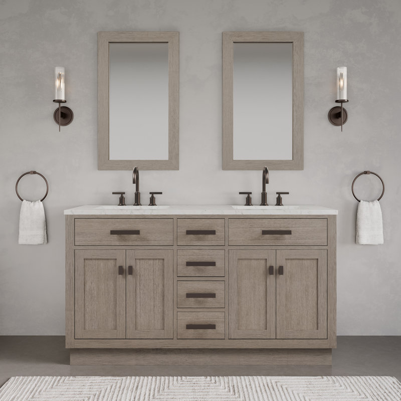Chestnut 60" Carrara White Marble Countertop Bath Vanity with Mirror, Gray Oak