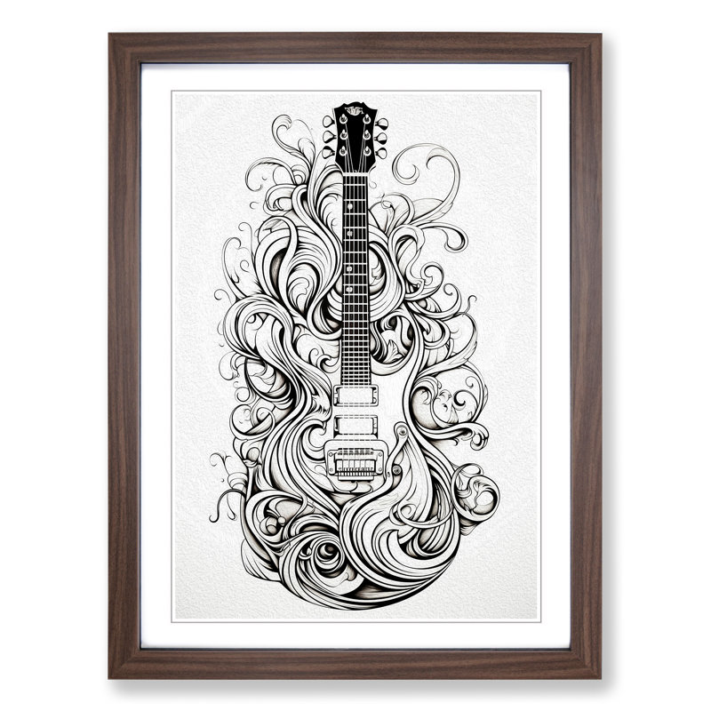 Guitar Line No.2 - Single Picture Frame Print on Wood, Walnut, 34cm H x 25cm W x 2cm D