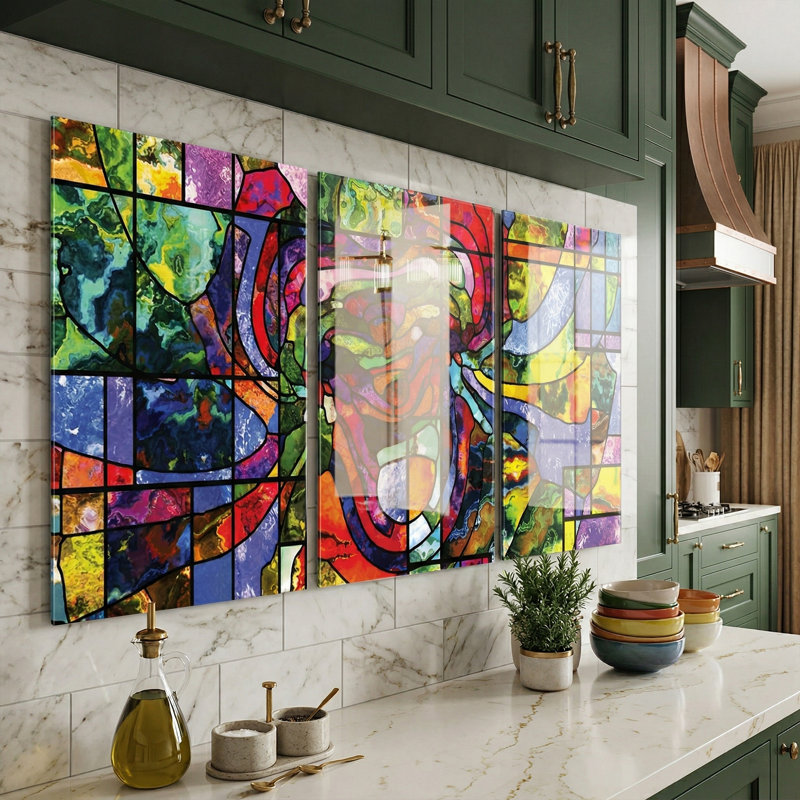«Vibrant Mosaic», ensemble de 3 pièces d'art mural inspiré du vitrail abstrait