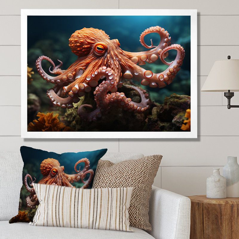 Corail Octopus Serene submersion II - pieuvre, art mural, Cadre simple blanc, H 30 po x l 40 po x P 1,5 po