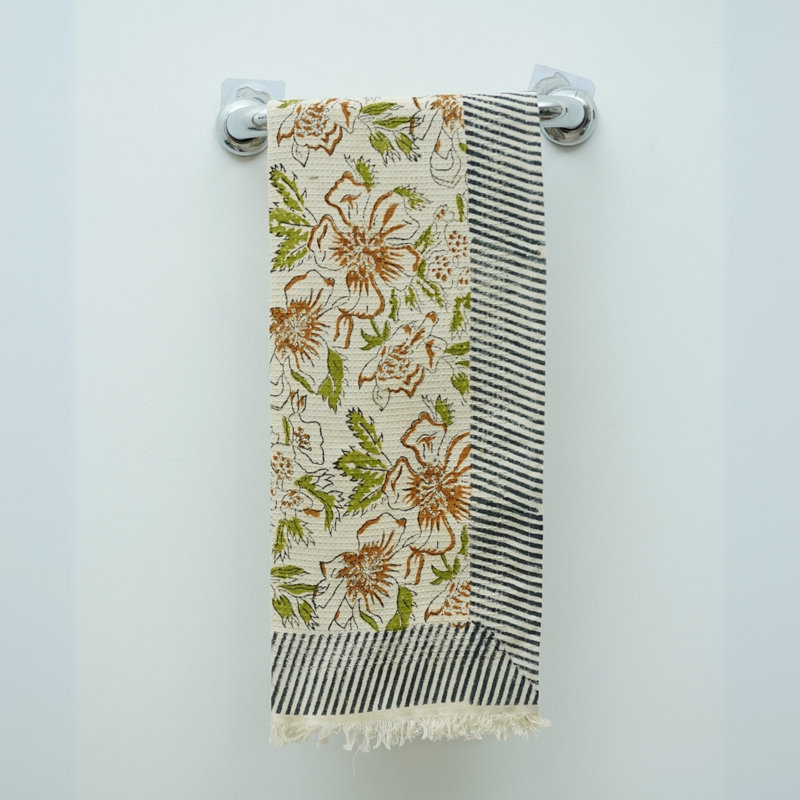 Bloomsbury Market 17X32 Luxury Floral Hand Block Print Waffle Cottton Hand Towels - Eco-Friendly, Stylish Home Accessories, Papaya Leaf