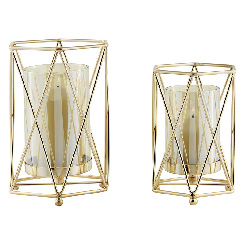 Prism Warm Gold Hurricane Candle Holders (Set of 2)