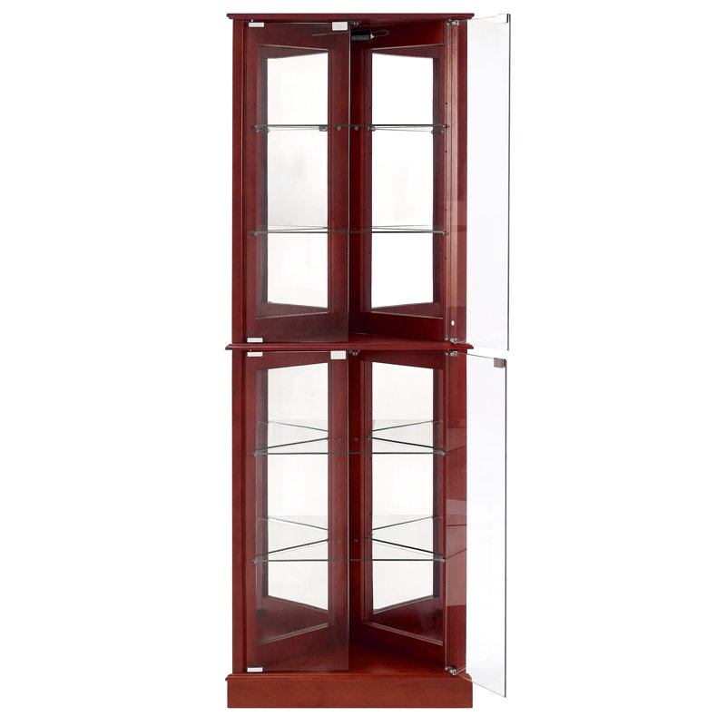 Vitrine lumineuse - présentoir de collection en verre trempé à finition cerisier à miroir