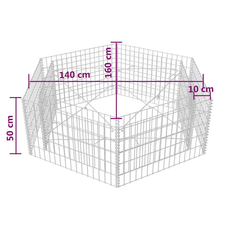 vidaXL Gabion Basket Hexagonal, Galvanized Steel Gabion Planter, High Load Capacity, 19.7" H x 63" W x 55.1" D
