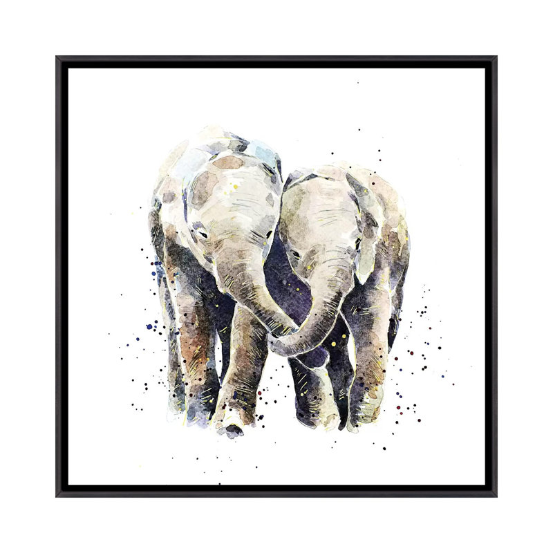 Deux éléphants par EdsWatercolours - impression, Pas de tapis, H 18 po x l 18 po x 1,5 po, Toile avec cadre noir patiné