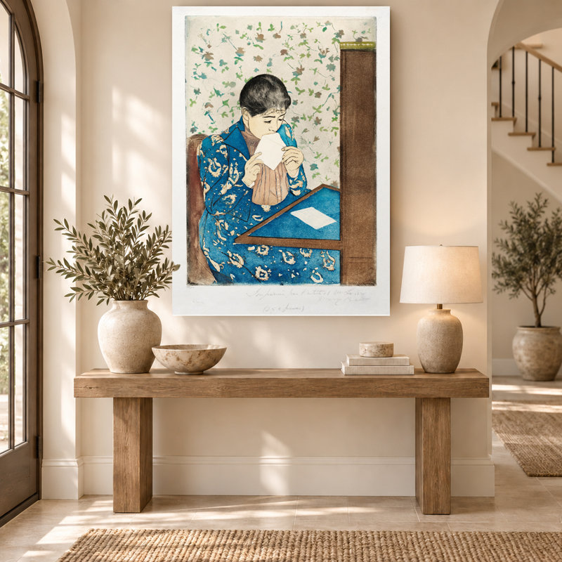 Femme scellant une lettre, style impressionniste vintage, toile murale bleue, H 36 po x l 24 po