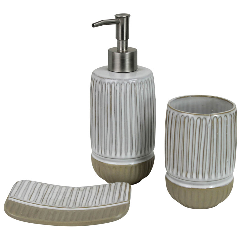 White and Beige Ceramic Linear Pattern Soap Dish