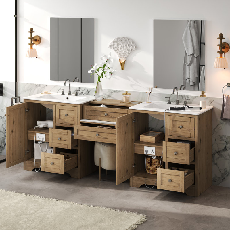 Meuble-lavabo à double cuve en pierre d'ingénierie avec lavabos en céramique, tiroirs à fermeture en douceur et poignées en métal Hayden