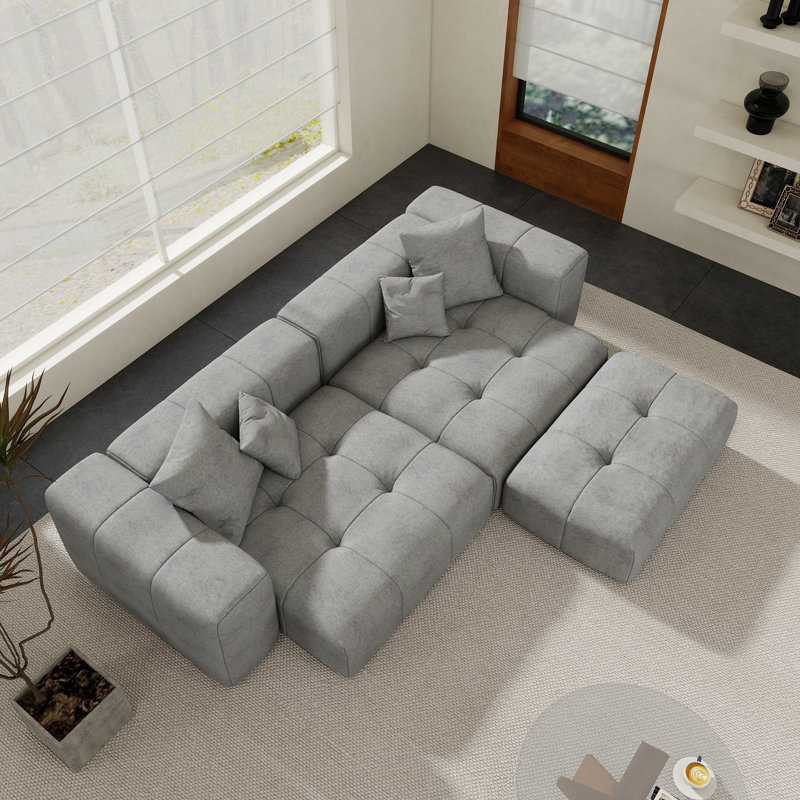 Kay 3-Piece Upholstered Boneless Modern Linen Fabric Modular Loveseat Sofa With Ottoman