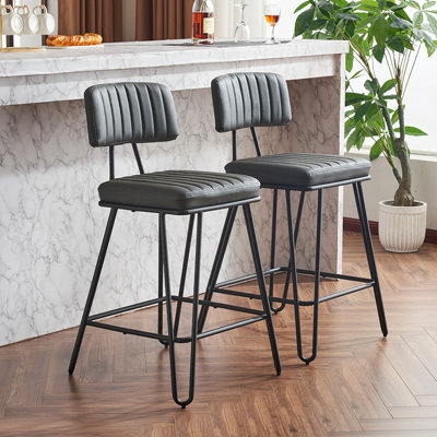 Industrial Bar Stools Set of 2 Counter Height Chairs with PU Leather Upholstery Metal Frame for Kitchen Island Dining Room Home Bar
