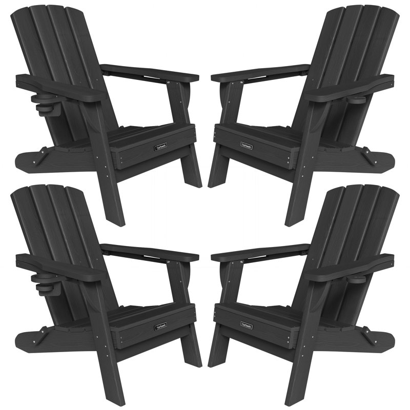 Set of 4 HDPE Outdoor Adirondack Chair Wood Texture Folding Firepit Chair  With  Cup Holder, Black