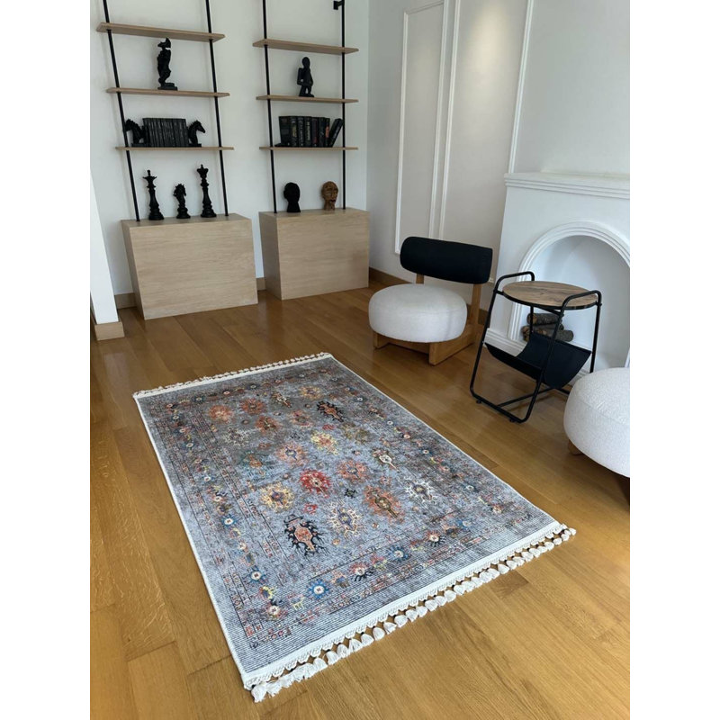 Coton imprimé marocain gris Toscana Tapis chenille antidérapant, Rectangle 5 pi 11 po x 11 pi 6 po