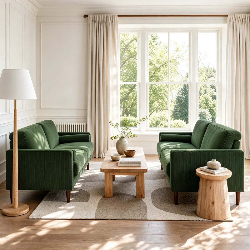 Canapé à accoudoirs carrés 62,7 po Carmelinda, Velours côtelé vert