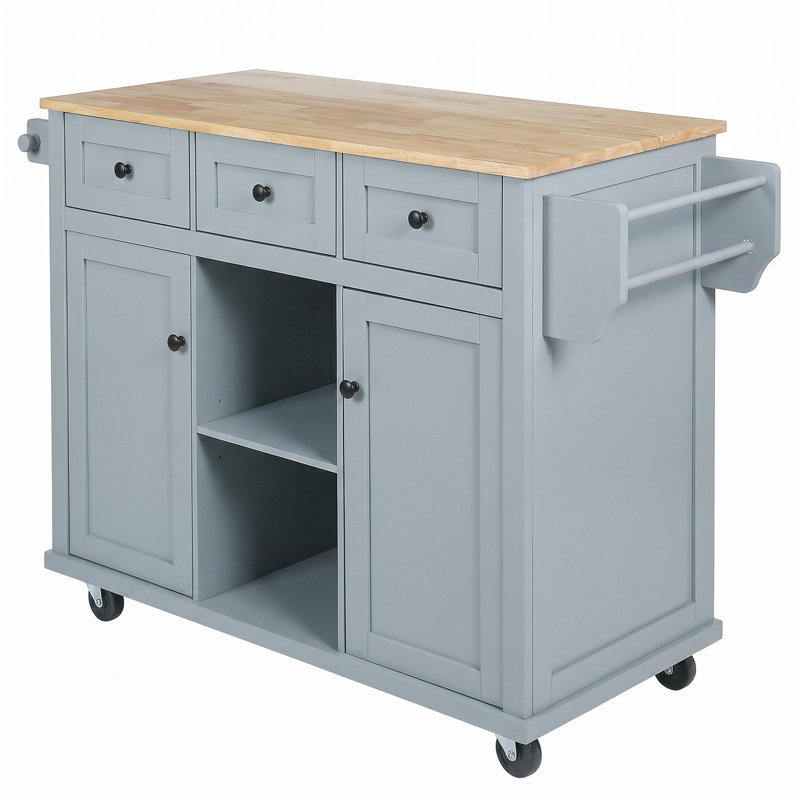 kitchen Cart with Rubber wood Drop-Leaf Countertop in Blue｜Cabinet door internal storage racks｜Smooth Rolling & Lockable Wheels ｜ Storage Cabinet and 3 Drawers for Dinning Room