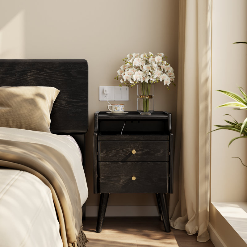 Ensemble de 2 tables de chevet étroites en bois massif avec 2 tiroirs chacune, Noir
