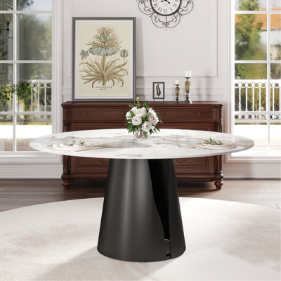 Table de salle à manger moderne 59,05 "en pierre artificielle ronde en acier au carbone noir pouvant accueillir 6 à 8 personnes