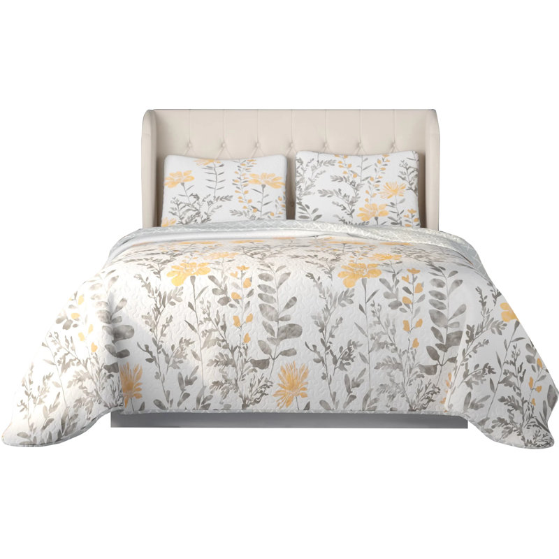 Blue and Gray Reversible Floral Microfiber Full Quilt Set