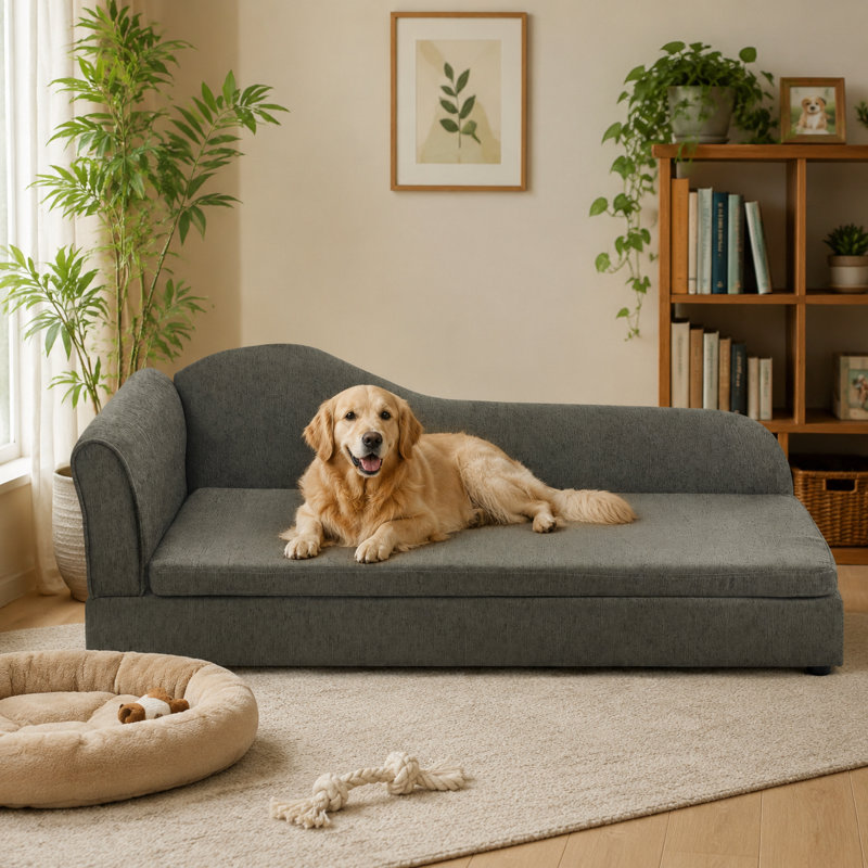 Grand lit pour chien 55 po, dossier ondulé, canapé en lin, Gris foncé