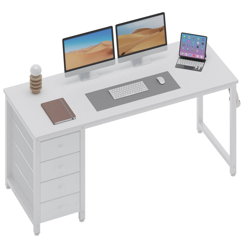 Bureau d'ordinateur à 4 tiroirs avec bureau en tissu, Blanc, Blanc