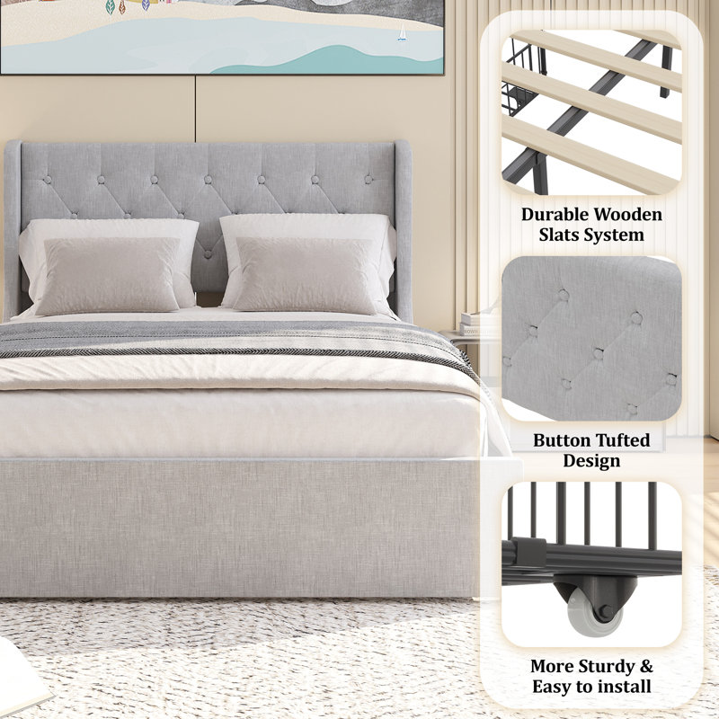 Size Bed Frame With 4 Storage Drawers And Wingback Headboard, Button Tufted Design,, Grey, Full