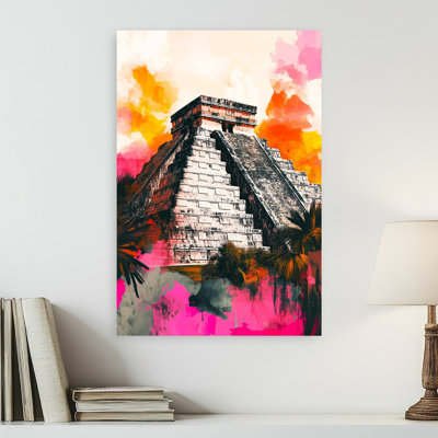 Vibrant Chichen Itza Pyramid Colorful Dramatic Vibrant Architecture Landscape Wall Art Print 1 Piece Wrapped Canvas Wall Art