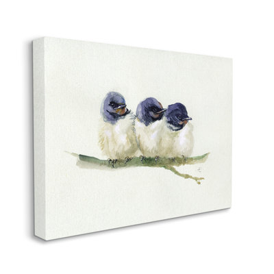 Trio Of Baby Swallows Birds Perched On Branch - Painting